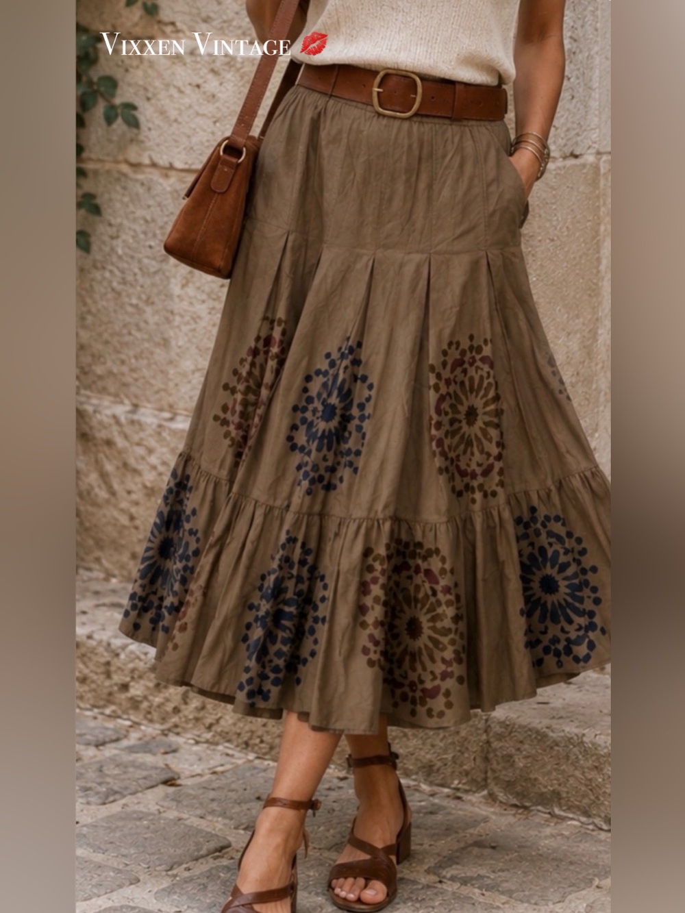VINTAGE Y2K DKNY JEANS DROP WAIST PLEATED TIERED MANDALA SKIRT IN BROWN